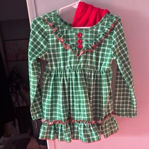 Green Plaid Long Sleeve Dress with Red Accents